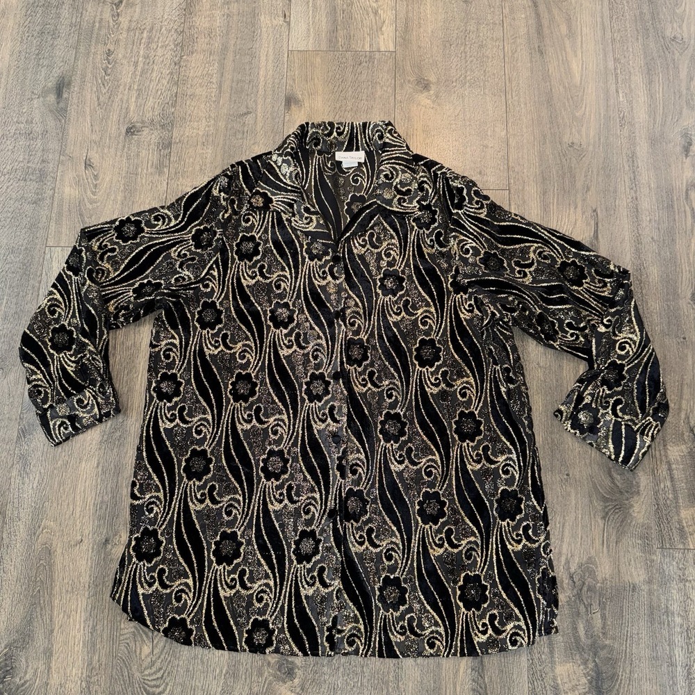 Vtg Dana Tailor Sz L Button Up Blouse 90s Y2K Sheer Black Gold Floral Shiny